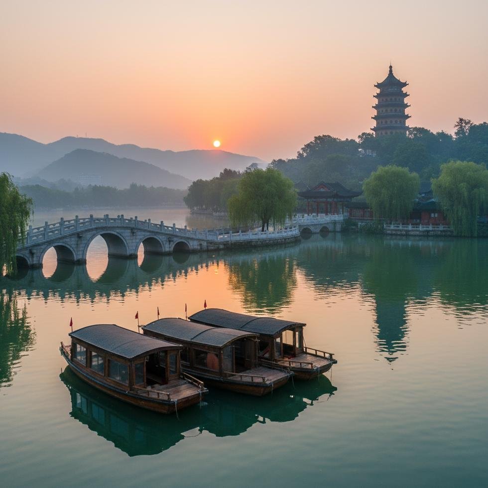 Hangzhou şehrinden West Lake manzarası ve tarihi yerler