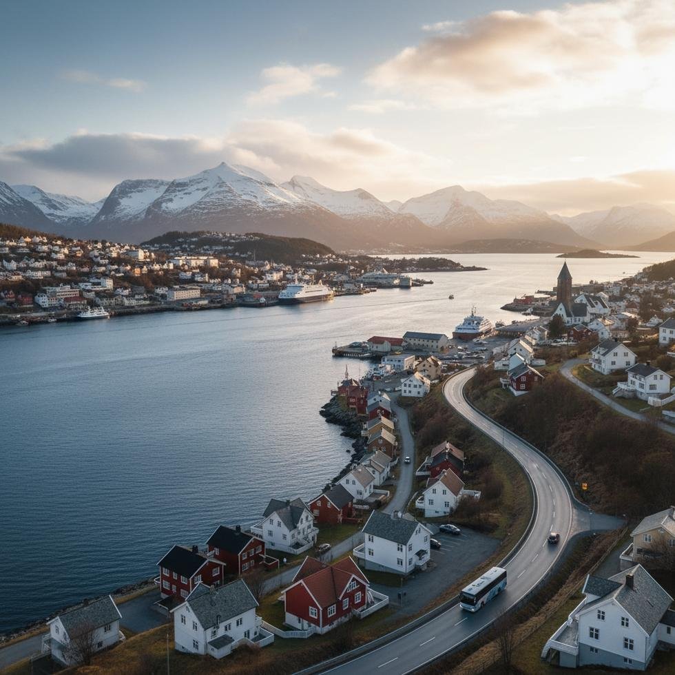 Harstad şehrinde fiyort manzarası ve doğa aktiviteleri