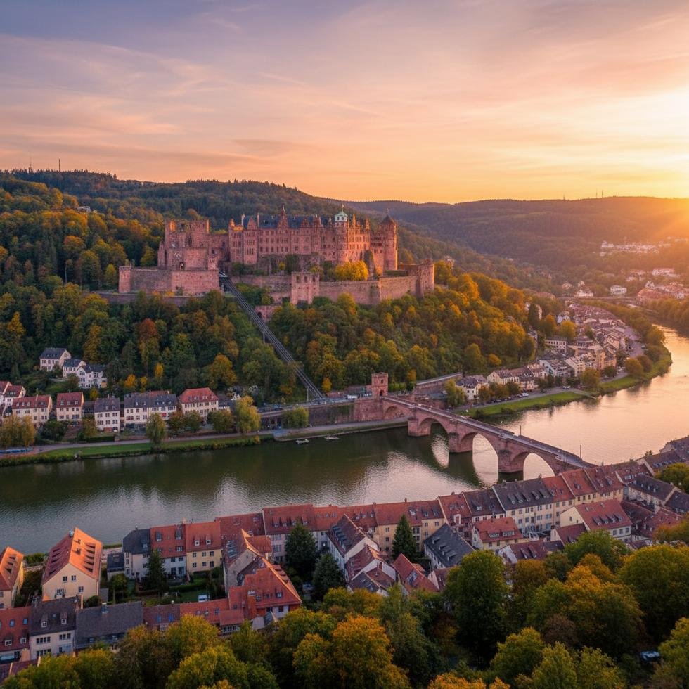 Heidelberg Kalesi ve Neckar Nehri manzarası