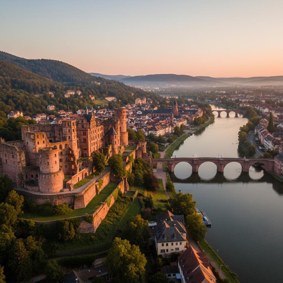 Heidelberg Kalesi ve çevresinde romantik bir gün manzarası