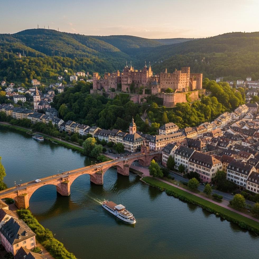 Heidelberg şehri ve Neckar Nehri manzarası