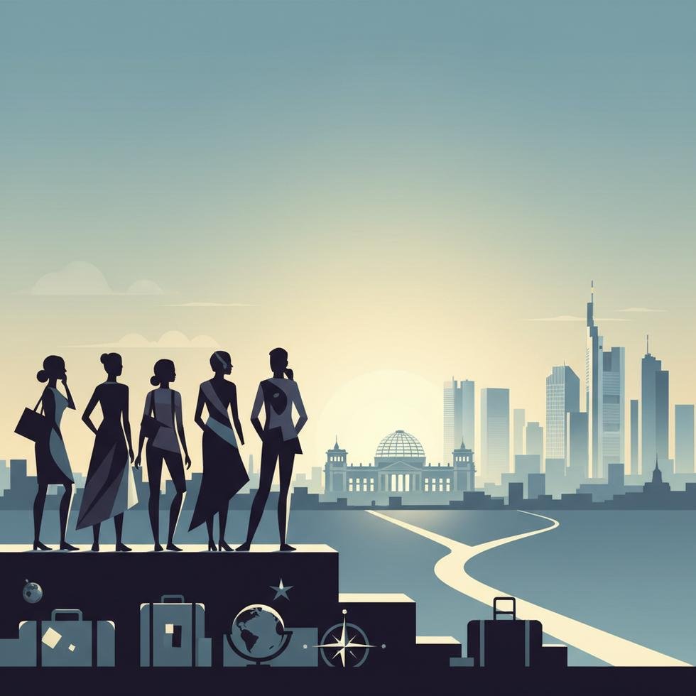 Almanya'da düşünceli göçmenlerin şehir manzarasında durması