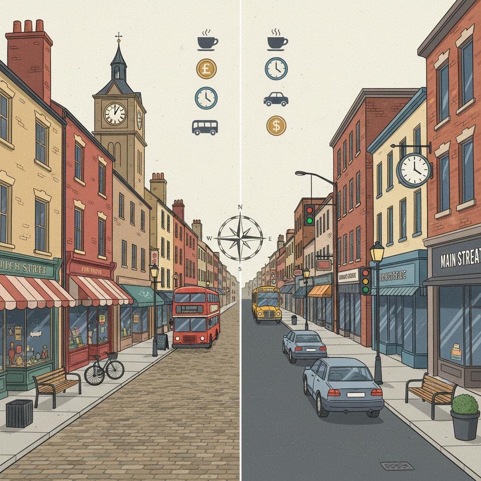 High Street ve Main Street’in şehircilikte ve öğrenci hayatında farklılıklarını anlatan görsel