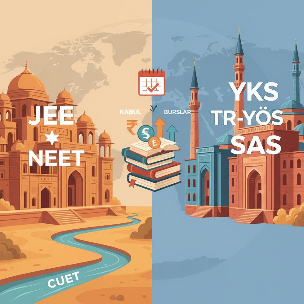 Hindistan ve Türkiye üniversite giriş sınavları ve kabul süreçlerini gösteren grafik