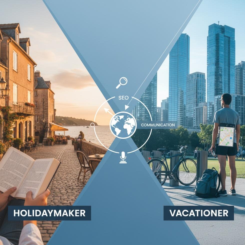 Holidaymaker ve vacationer terimlerinin kullanım farklarını anlatan rehber görseli