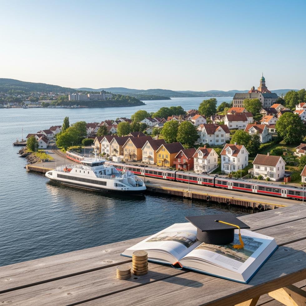 Horten şehrinde deniz kıyısında yürüyüş yapan insanlar ve feribot manzarası