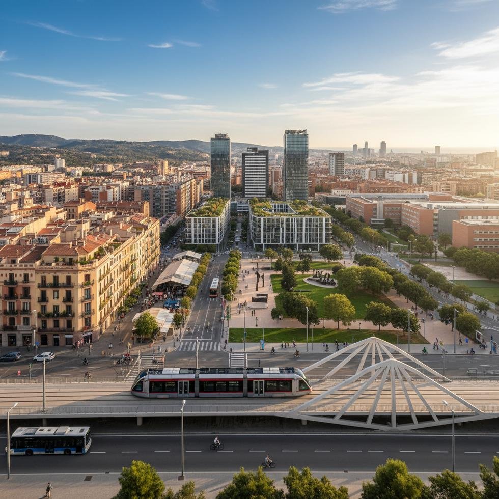 Hospitalet de Llobregat şehir manzarası ve metro hattı