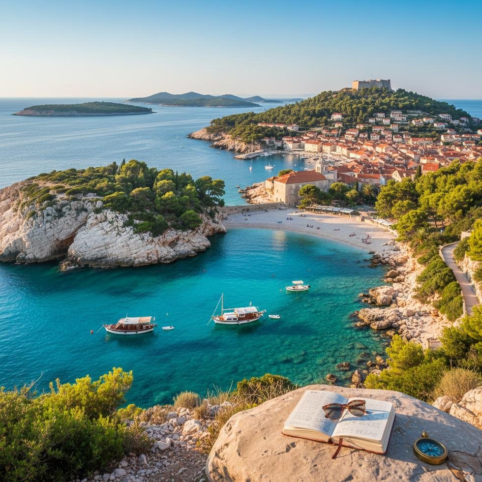 Hvar adasının tarihi merkezinde taş sokaklar ve deniz manzarası