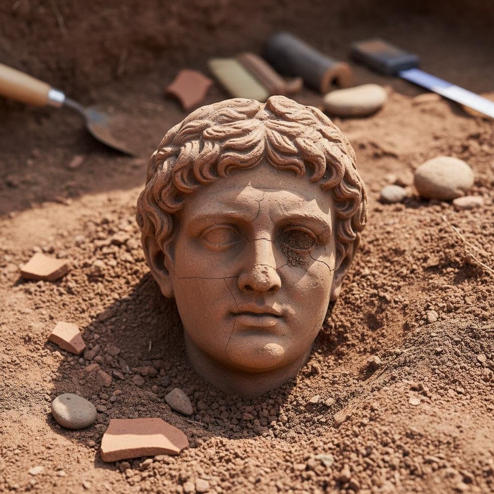 Kazı alanında bulunan antik Roma terrakotta başı