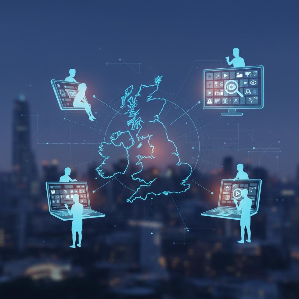 Çeşitli cihazlardan dijital içerik izleyen insanlar