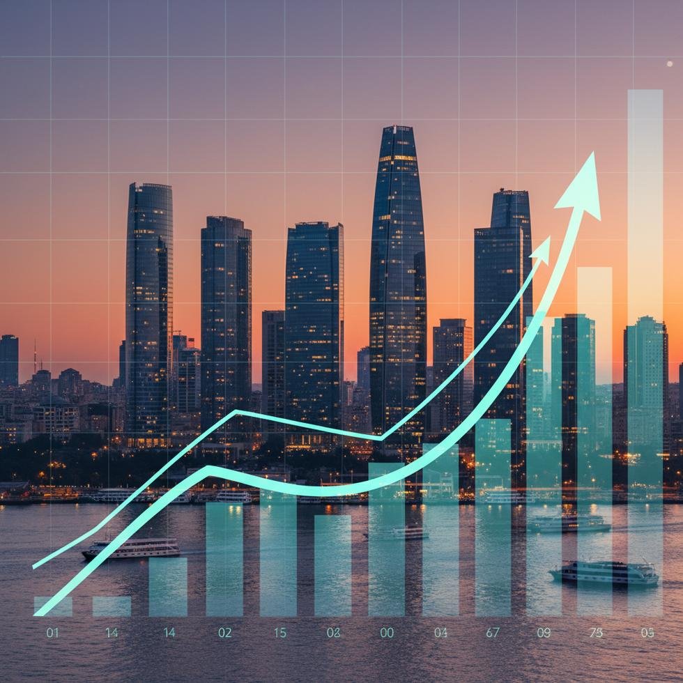 Financial graphs and a modern city skyline representing Turkey's economic growth
