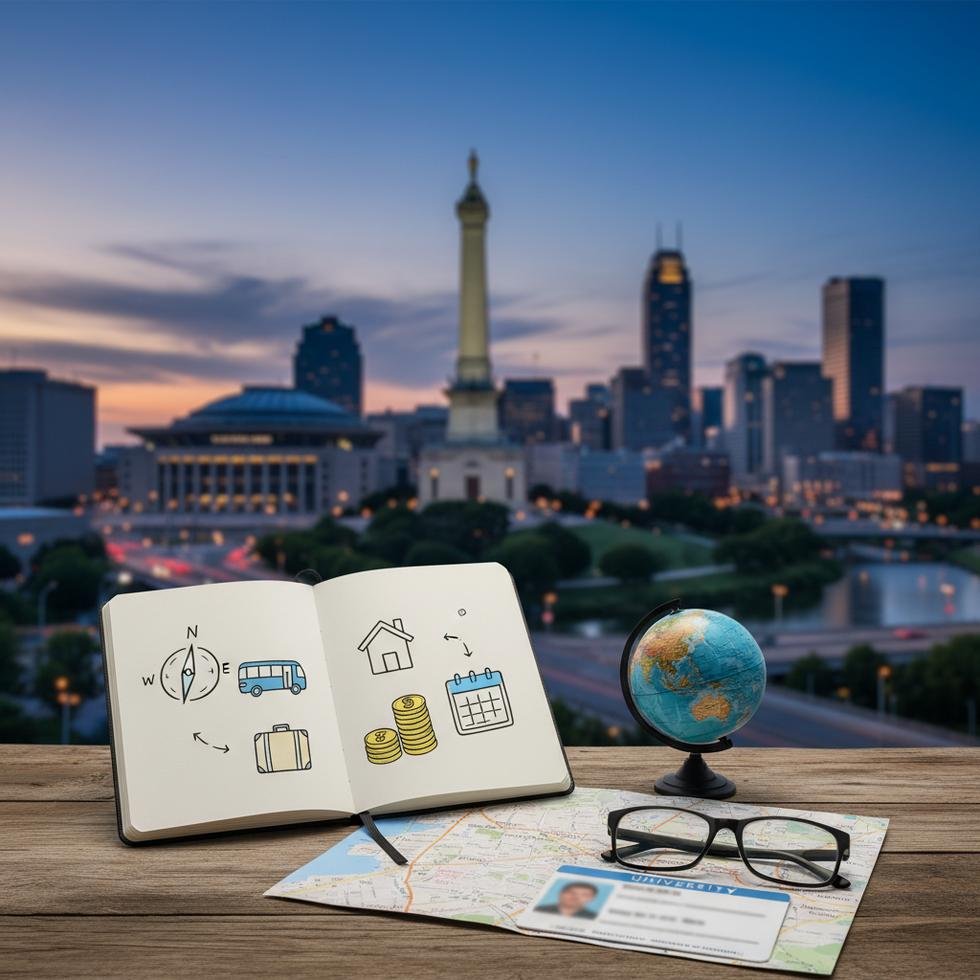 Indianapolis şehir merkezinden bir kampüs ve öğrenci yaşamı görüntüsü