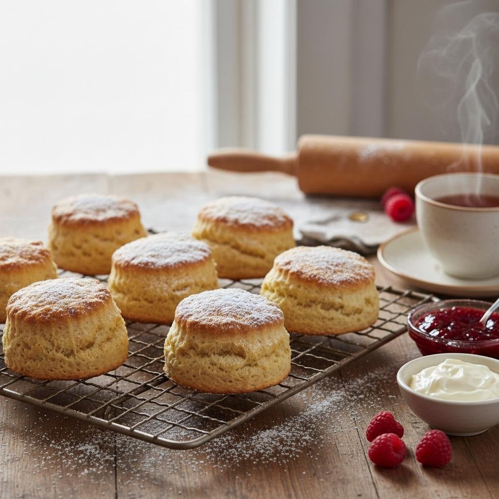 Pişmiş ve servis için hazırlanmış İngiliz usulü scone