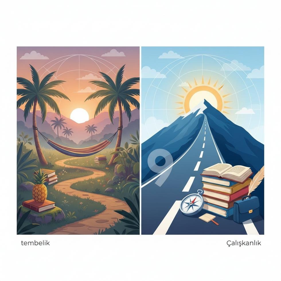 İngilizce tembellik ve çalışkanlık kalıplarını anlatan rehber görseli