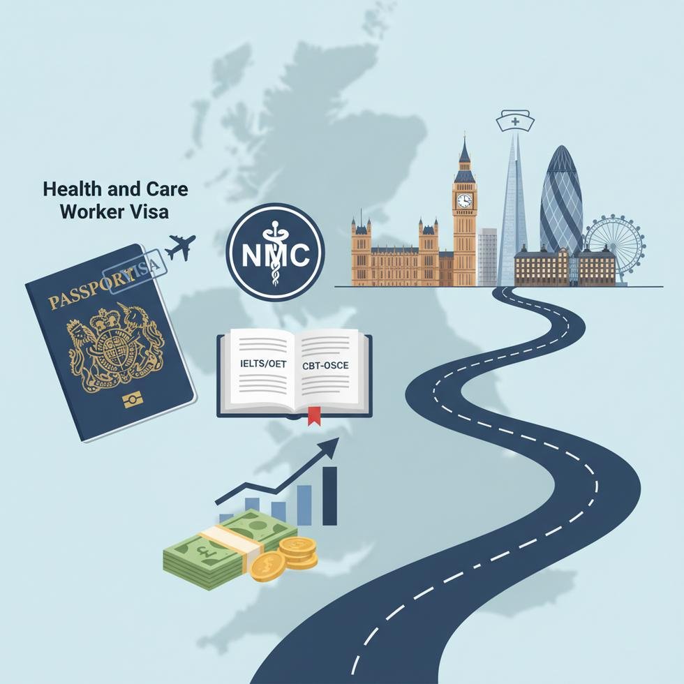 İngiltere'de hemşire olarak çalışmanın adımlarını anlatan rehber görseli