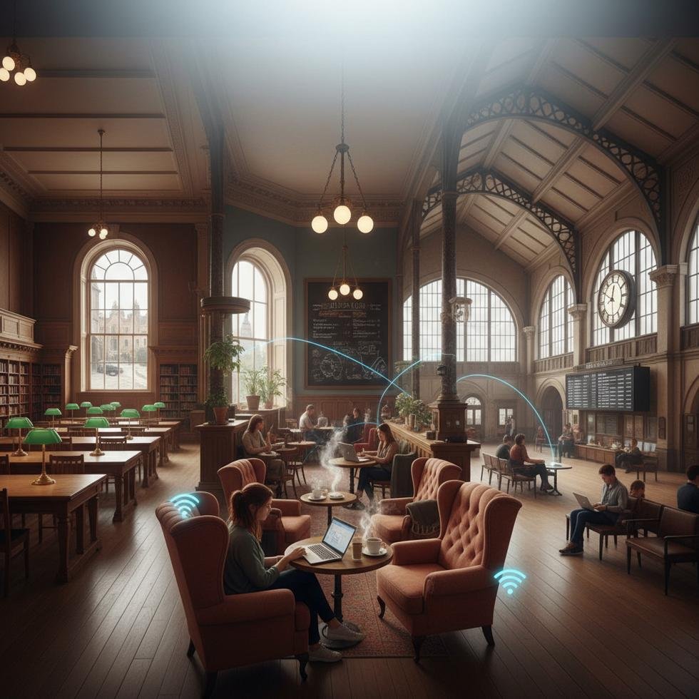 İngiltere'de bir kütüphane içinde laptopla çalışan öğrenci