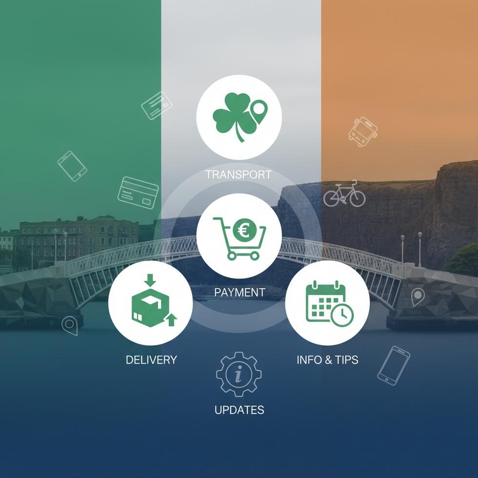 İrlanda'da günlük yaşam için kullanımda olan akıllı telefon ve uygulama ikonları