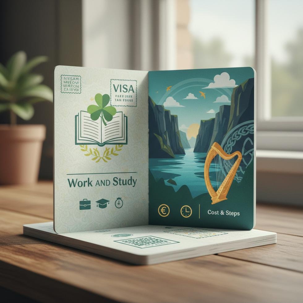 İrlanda Work and Study vizesi hakkında evrak ve başvuru sürecini gösteren çizim