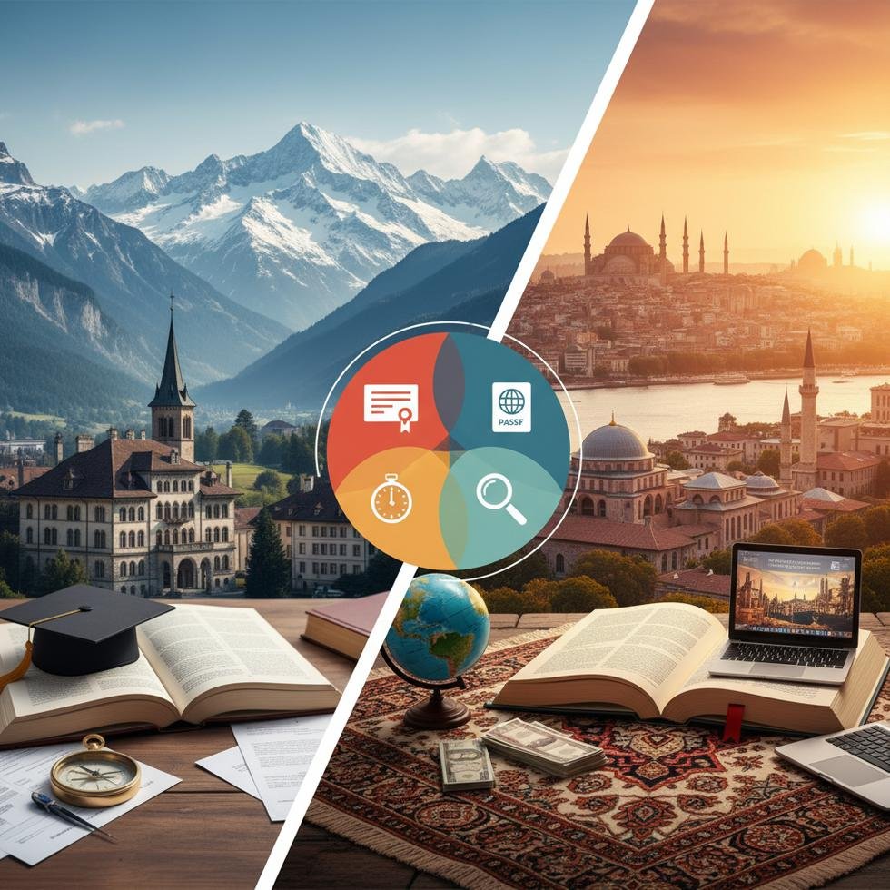 İsviçre ve Türkiye üniversite giriş süreçlerini gösteren eğitim görseli