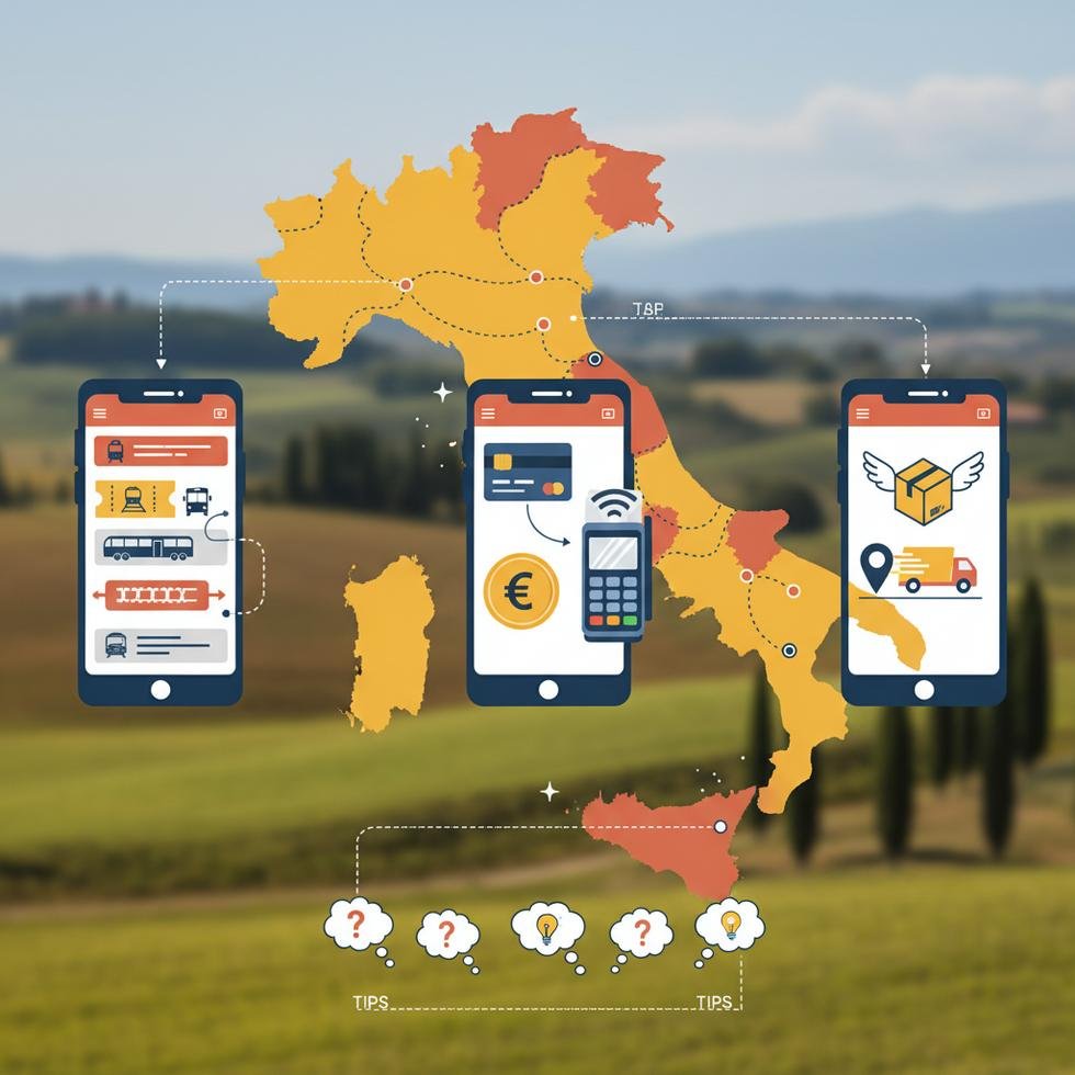 İtalya’da ulaşım, ödeme ve teslimat uygulamalarını gösteren telefon ekranı