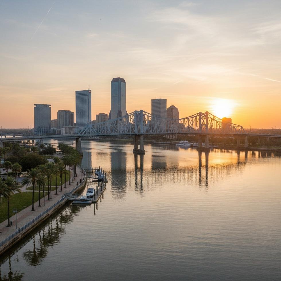 Jacksonville'de nehir kıyısı ve şehir manzarası