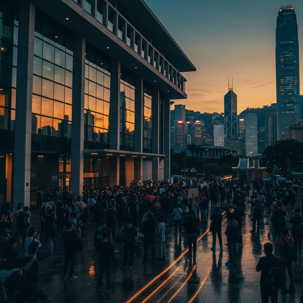 Hong Kong mahkeme binası önünde protestocular ve medya mensupları