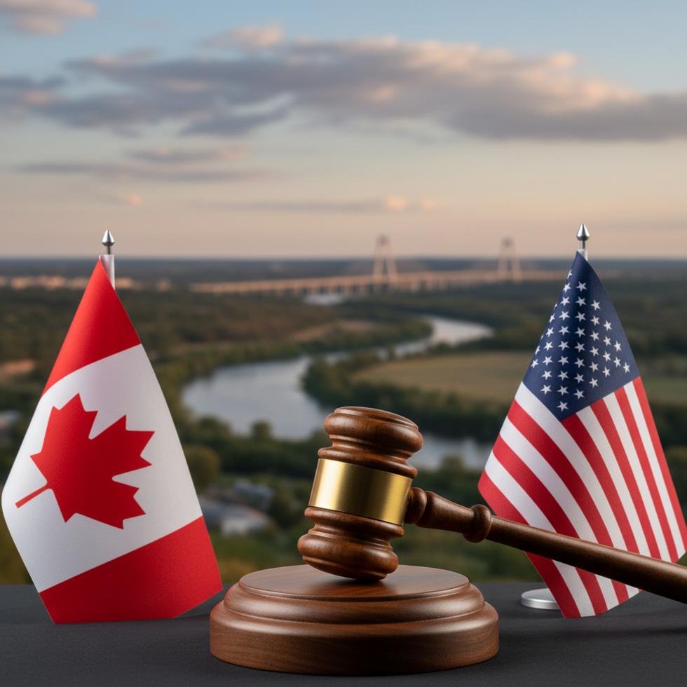 Kanada ve ABD bayrakları, ortada bir hakim tokmağı