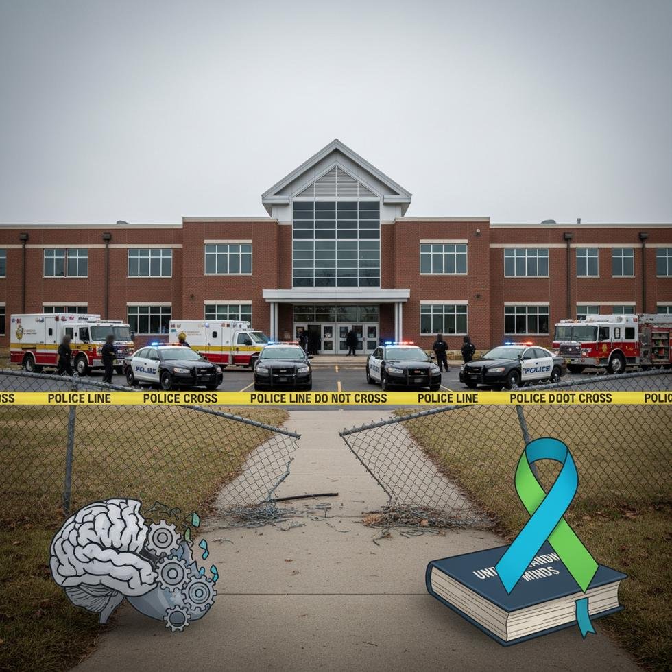 Police tape at school entrance with emergency vehicles