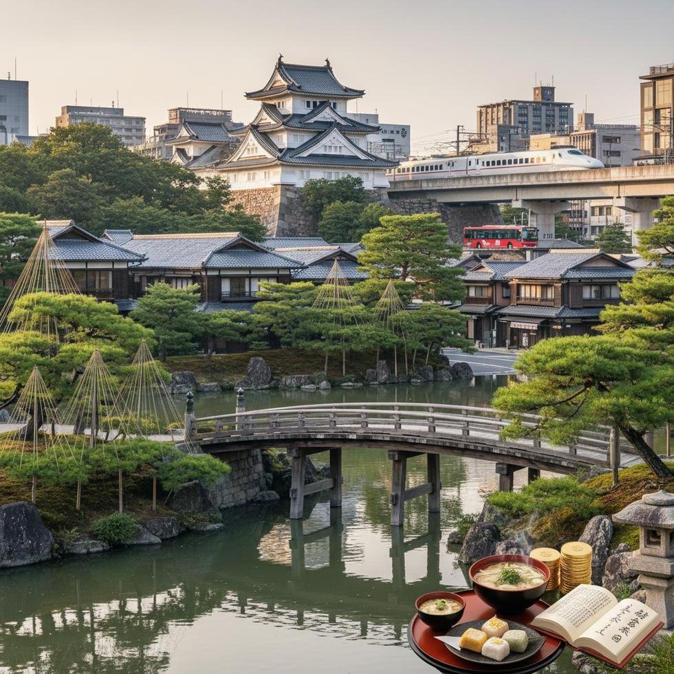 Kanazawa şehrinde geleneksel ve çağdaş mimari görüntüsü