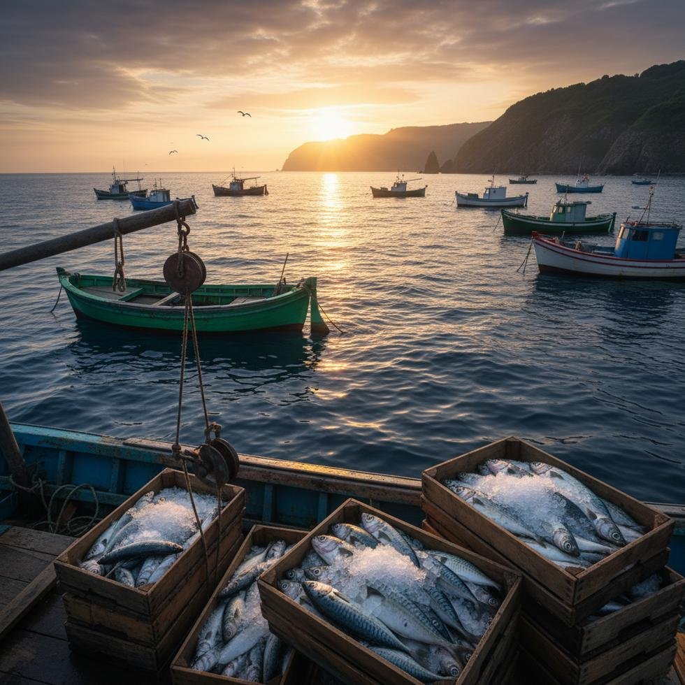 Karadeniz'de balıkçı tekneleri ve balık kasaları