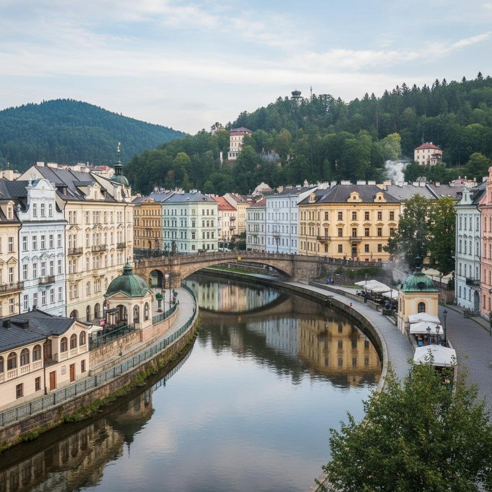Karlovy Vary şehir manzarası ve termal kolonadlar