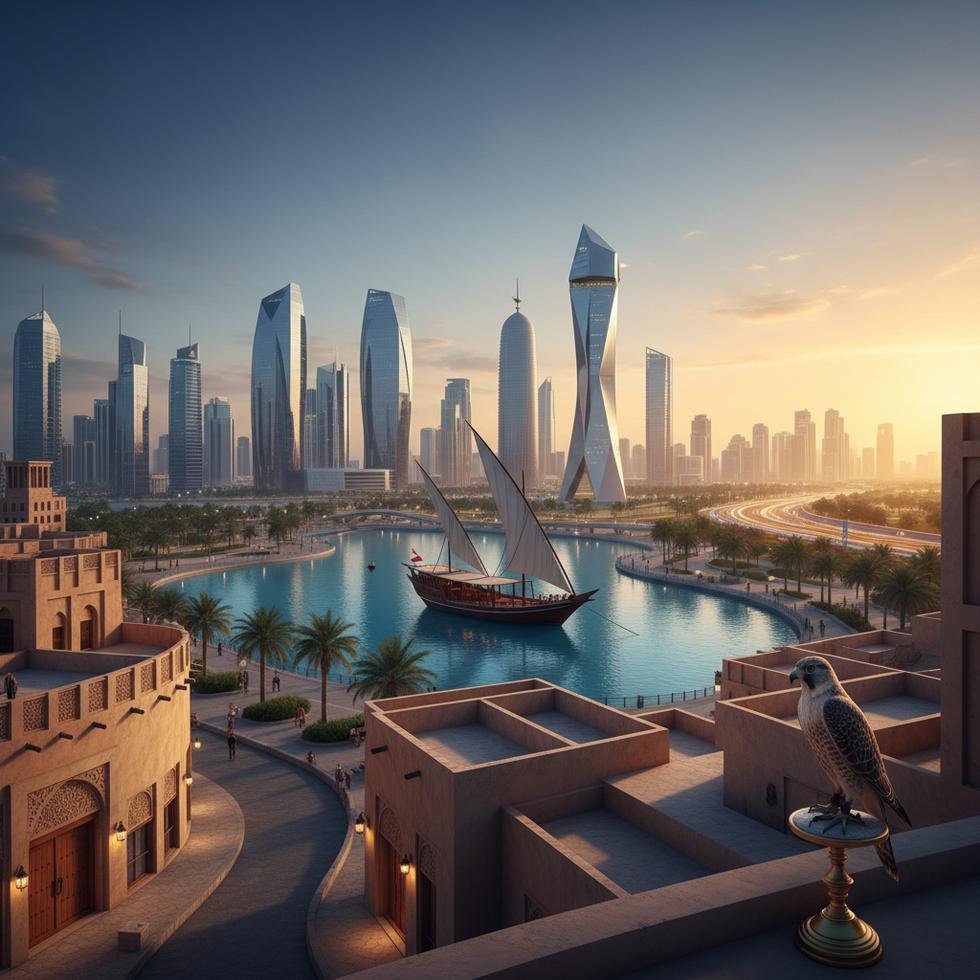 Katar’da yaşam ve kültürel uyum rehberi için düzenlenmiş şehir ve kültür temalı görsel