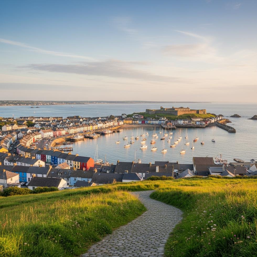 Kinsale limanı ve renkli evlerin panoramik görünümü