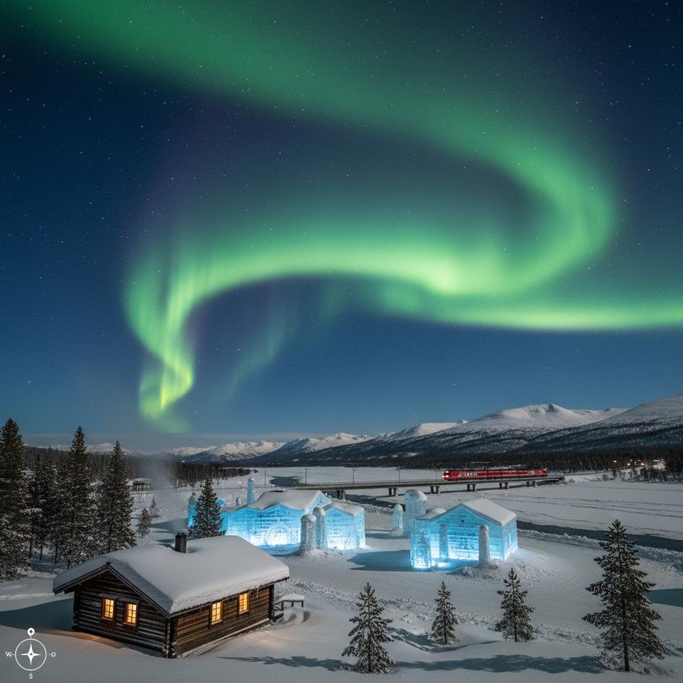 Kiruna şehri ve kuzey ışıkları manzarası