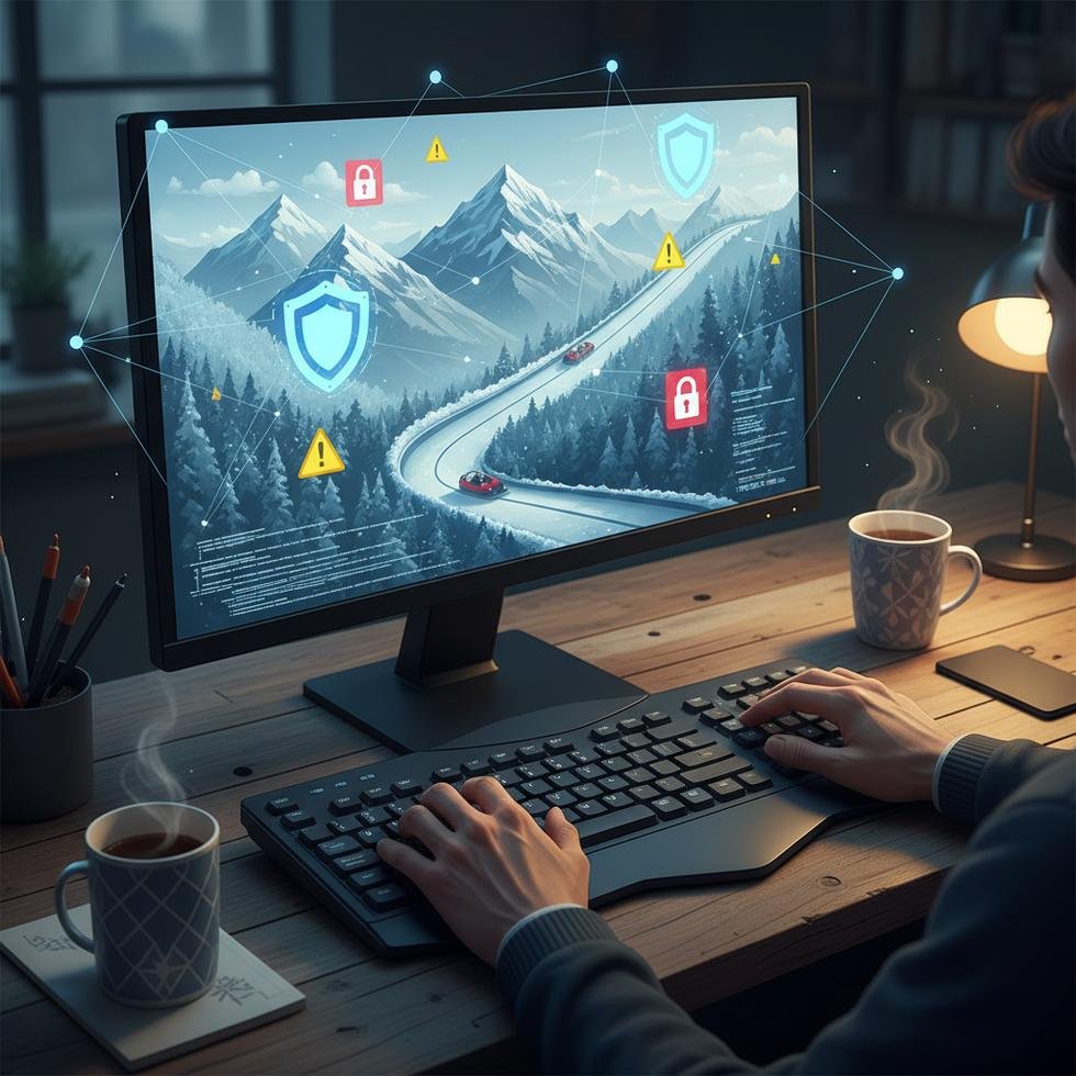 Bilgisayar ekranında güvenlik uyarıları ve kilitler olan bir kişi