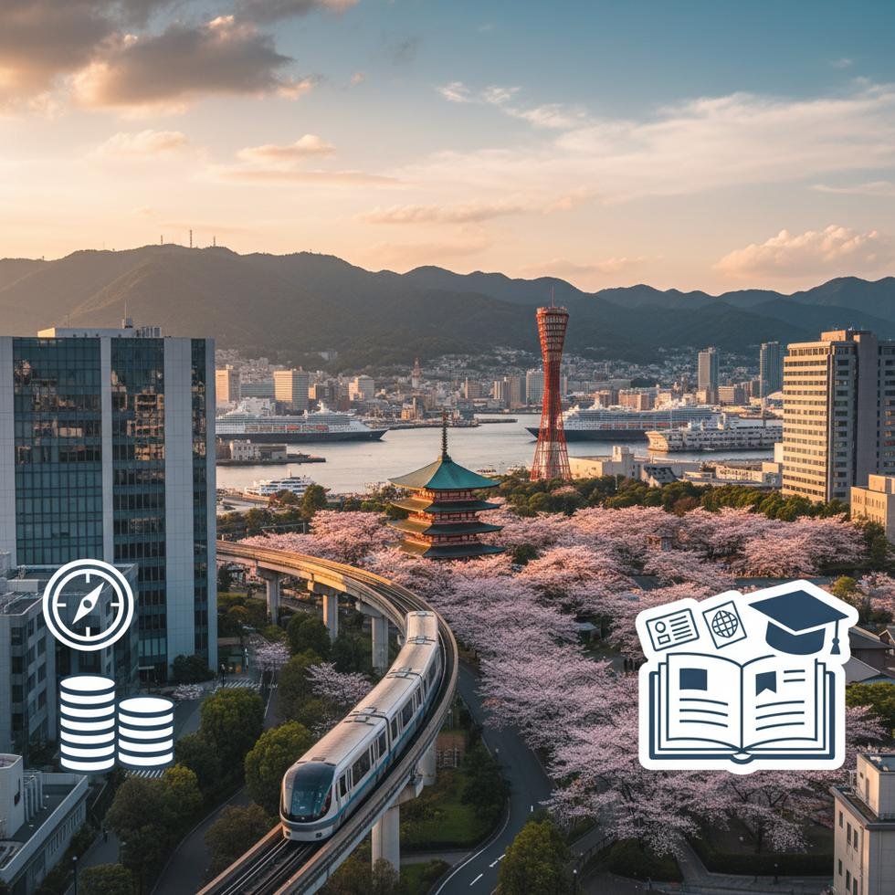 Kobe şehrinin liman bölgesi ve şehir manzarası