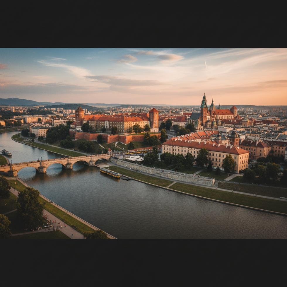 Krakow şehir merkezinde tarihi yapılar ve meydan manzarası