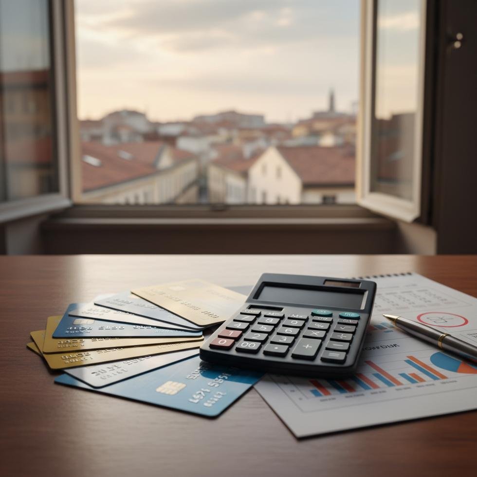 Credit cards and calculator on financial documents illustrating credit limit adjustments