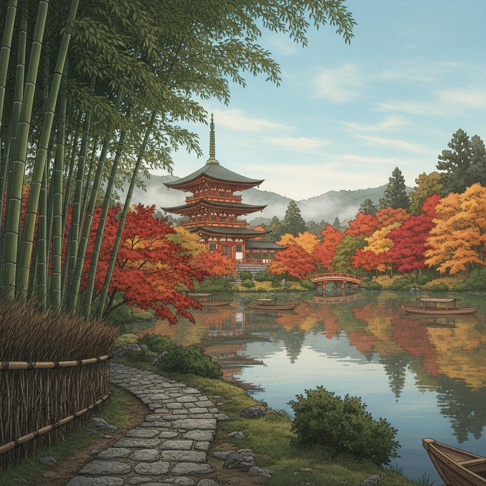 Kyoto şehri, geleneksel Japon tapınakları ve doğa görüntüsü