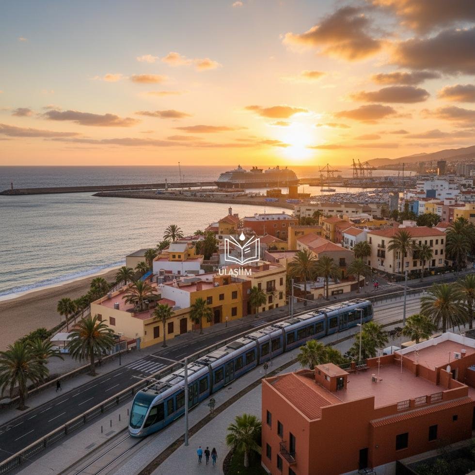 Las Palmas de Gran Canaria sahil ve şehir merkezi manzarası