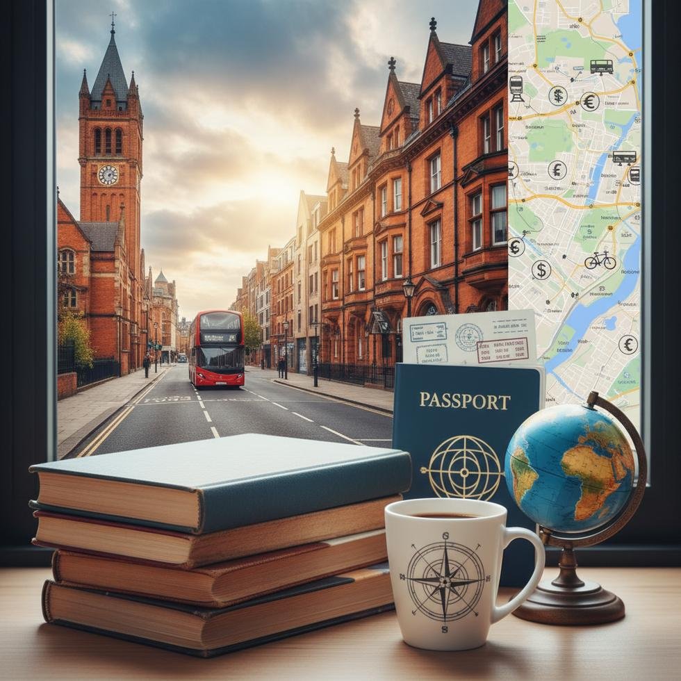 Leeds şehir merkezinde yürüyen öğrenciler