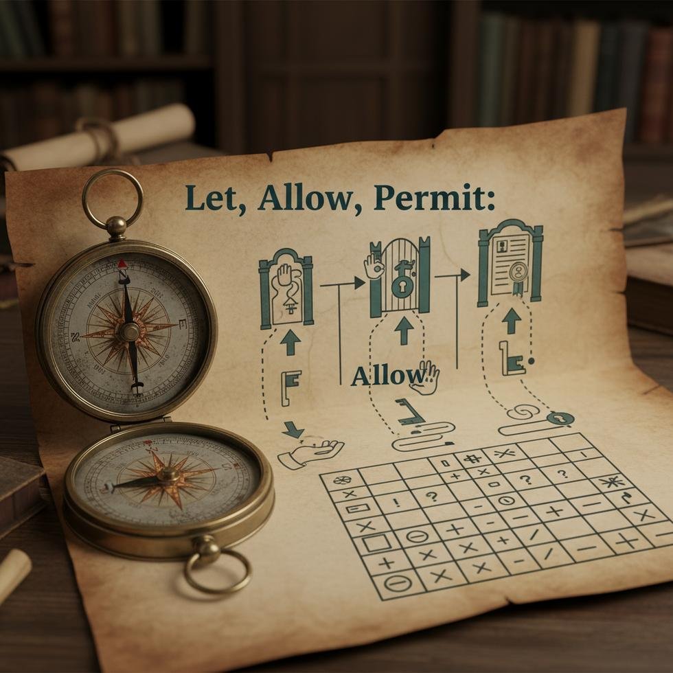 Let, Allow ve Permit fiillerinin kullanım farklarını anlatan İngilizce dil rehberi görseli