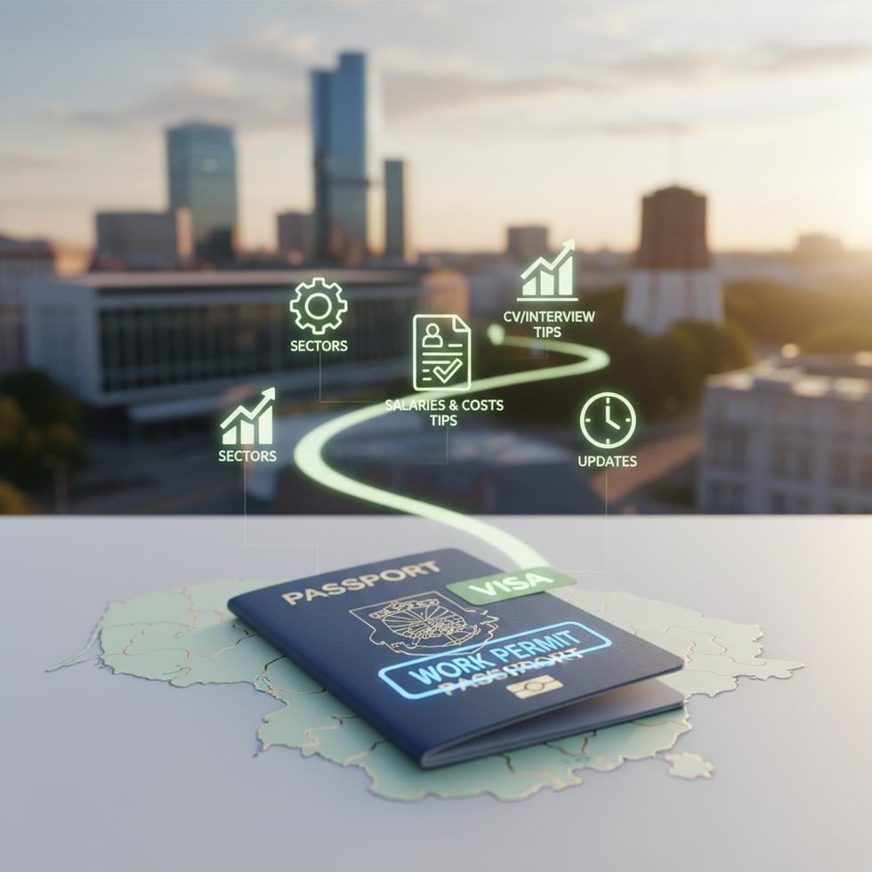 Litvanya’da iş bulma rehberinin ana konularını gösteren profesyonel bir çalışma ortamı