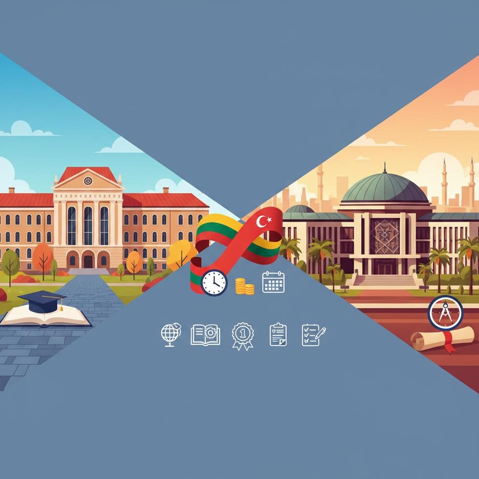 Litvanya ve Türkiye üniversite giriş süreçlerini gösteren grafik ve simgeler