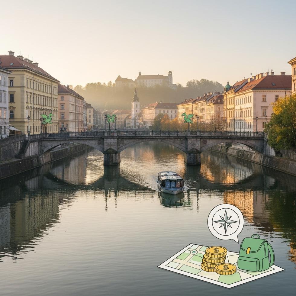 Ljubljana şehrinin tarihi köprüleri ve nehir kıyısı