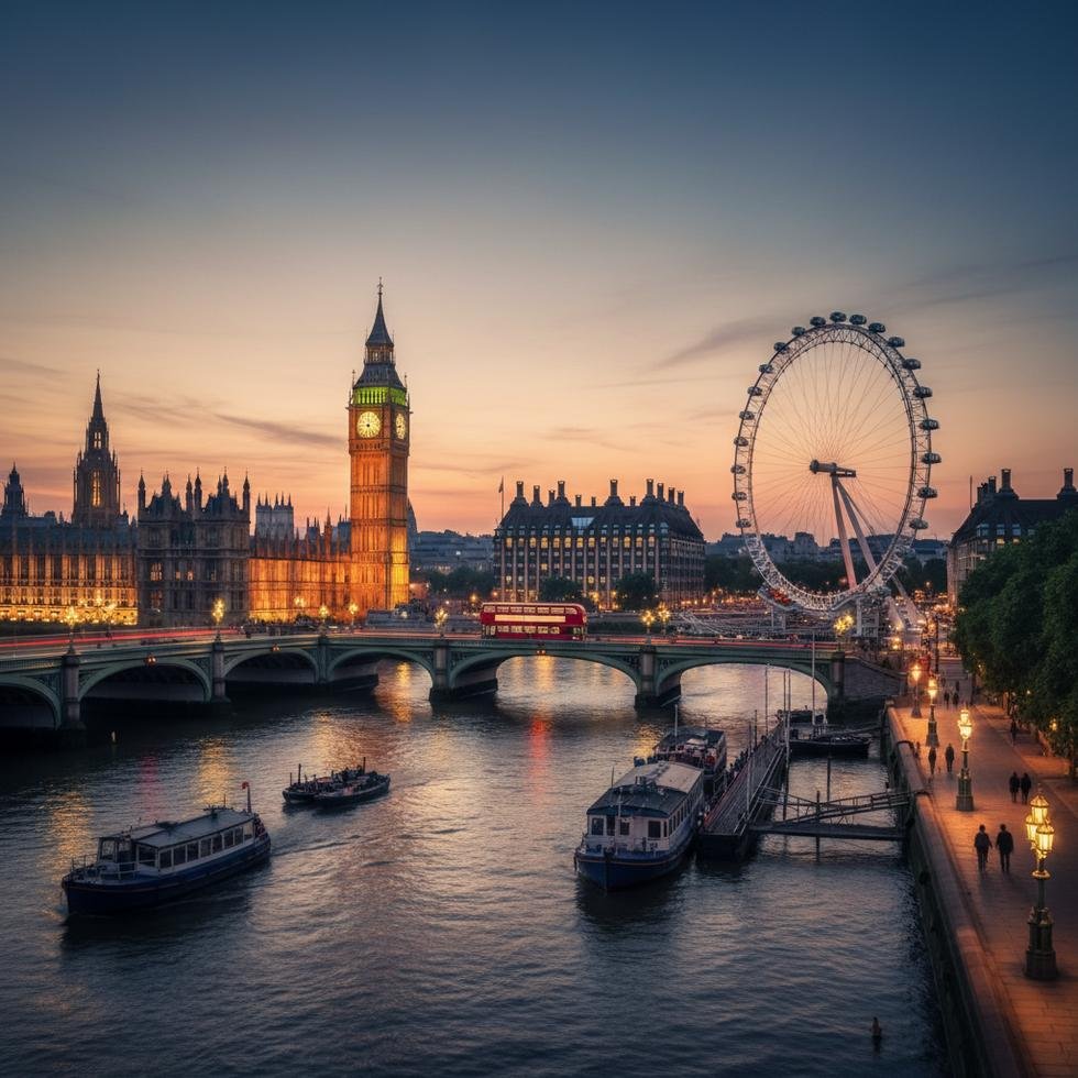 Londra Thames Nehri ve romantik köprülerin gece görünümü