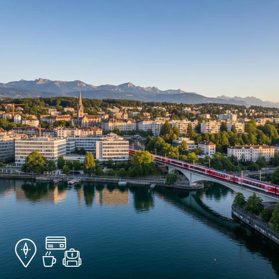 Lozan şehri ve göl kıyısı panoramik görüntüsü