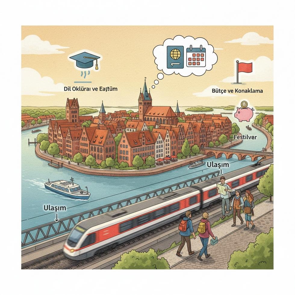 Lübeck şehir merkezinde tarihi Holstentor kapısı ve kanal manzarası