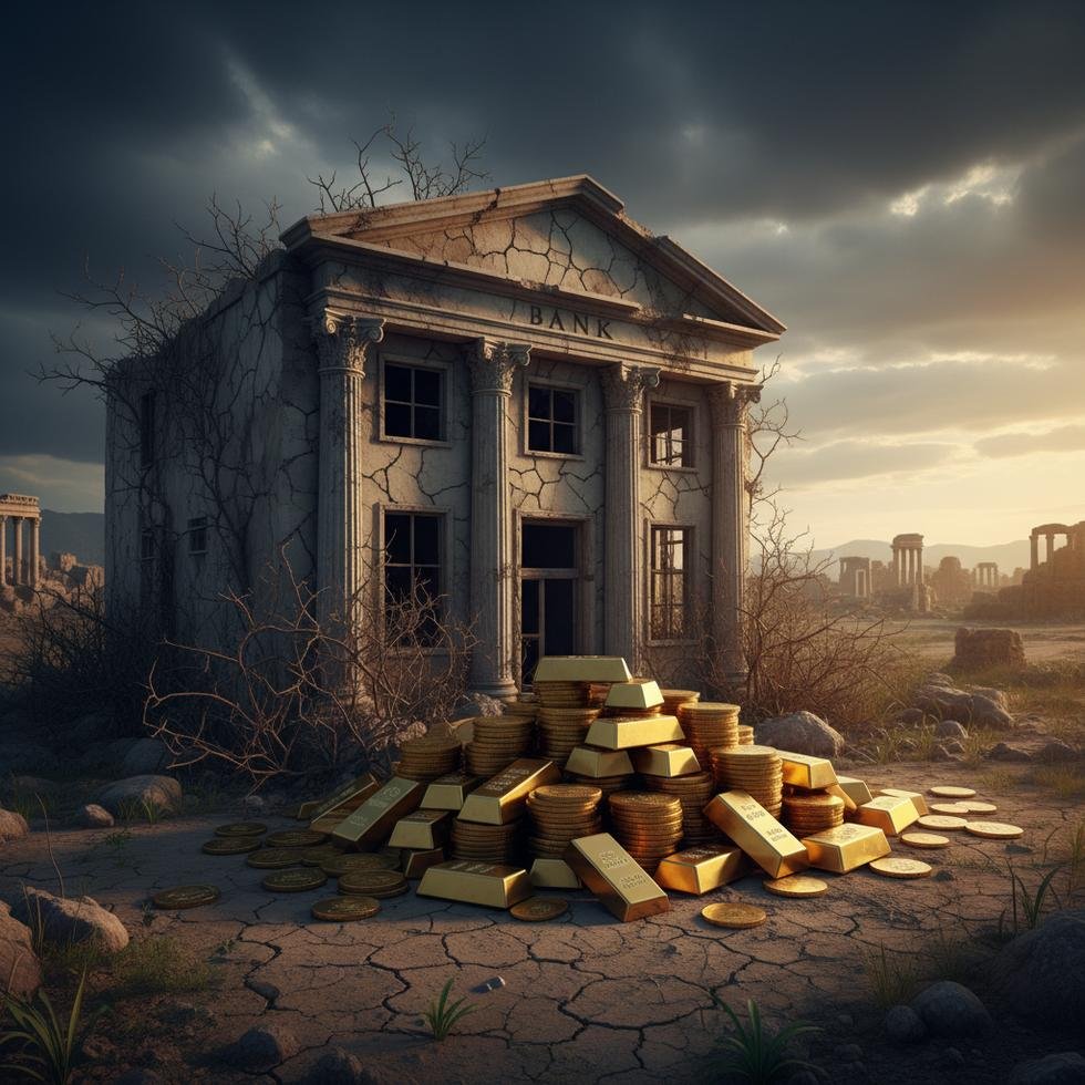 Krizin pençesindeki bir ülkenin merkezi bankası ve altın teyzesini gösteren görsel