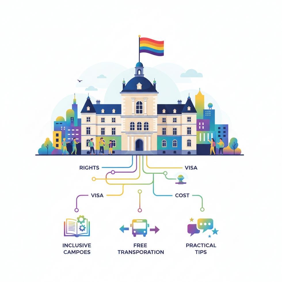 Lüksemburg'da LGBTQ+ yaşam, eğitim ve vize süreçlerini ifade eden görsel